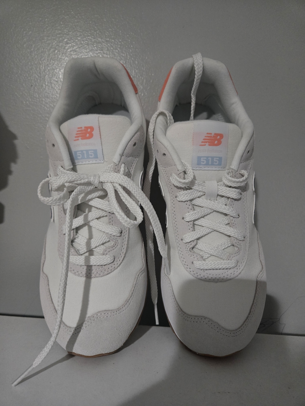 New Balance 515 White Sneakers with Coral Logo Accent - Picture 3 of 13